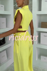 Fashion Style Lapel Waist-baring Irregular Vest and  Elastic Waist Pocket Loose Pants Set