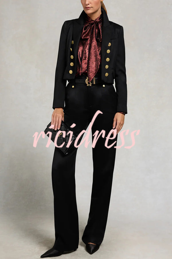 Ariella Metallic Satin Fabric Tie-up Bow Neck Long Sleeve Blouse