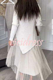 Jensine Ribbed Knit Irregular Loose Sweater and Pleated Tulle Tank Midi Dress Two-piece Set