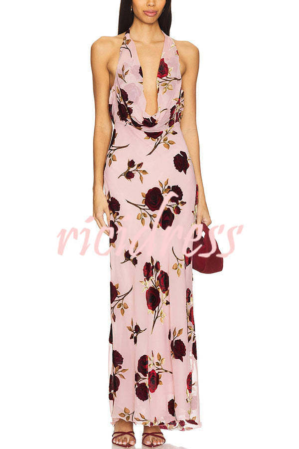 Rose Secret Printed Cowl Neck Halter Backless Maxi Dress