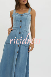 Solid Color Suspender Pocket Button Slim Denim Midi Dress