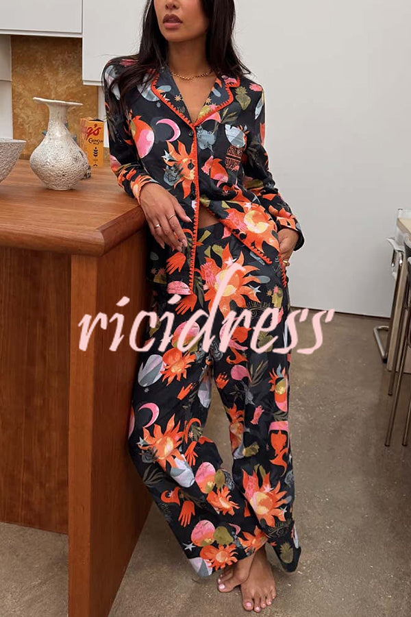 Evening Routine Unique Print Color-block Trim Loose Shirt and Elastic Waist Pocketed Pajama Set