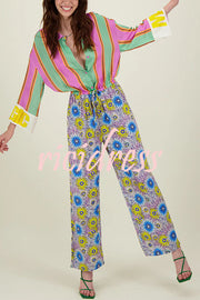 Boho Chic Look Unique Print Elastic Waist Pocketed Loose Shirt Jumpsuit