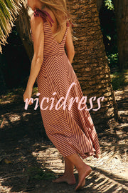 Striped Print V-Neck Lace-Up Backless Holiday Midi Dress