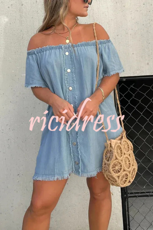 Fashionable Off Shoulder Short-sleeved Loose Denim Mini Dress