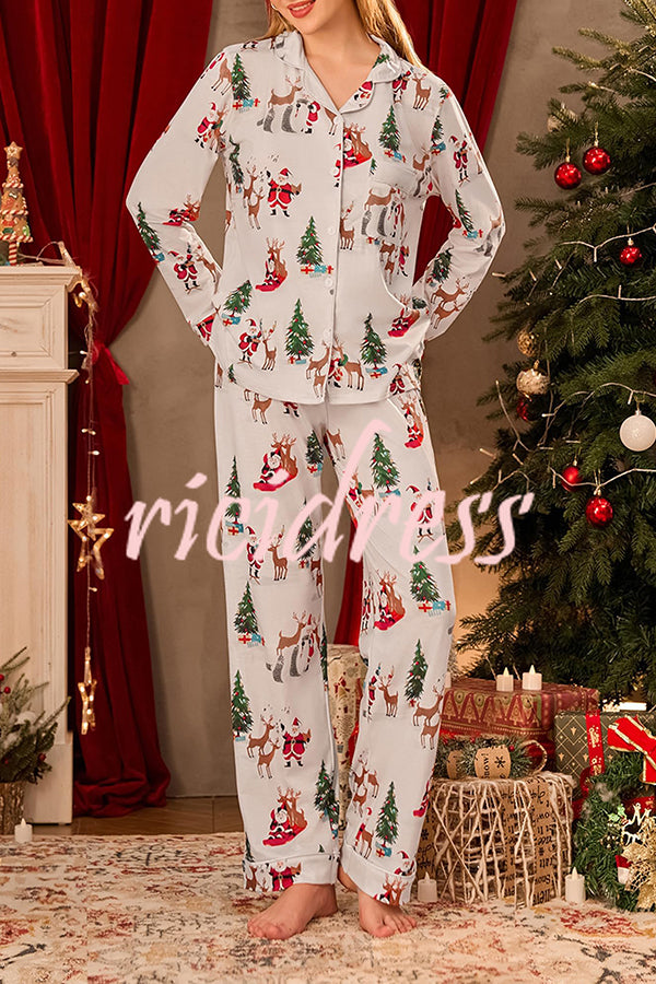 Christmas Holiday Print Long Sleeve Pocket Top and Elastic Waist Loose Pants Set