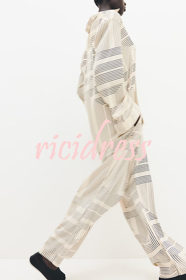 Unique Print Lapel Long Sleeve Loose Shirt and Elastic Waist Casual Pocket Wide Leg Pants Set