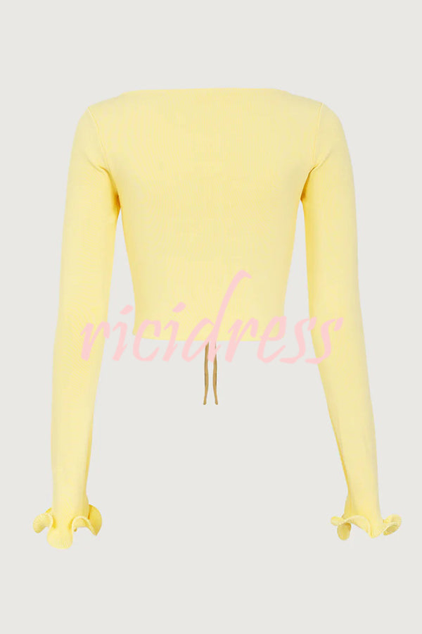 Fashion Ruffled Long-sleeved Tie-cropped Knitted Cardigan
