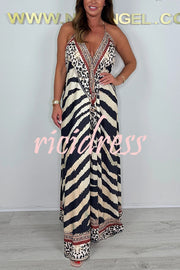 Unique Print V-neck Open Back Loose Maxi Dress