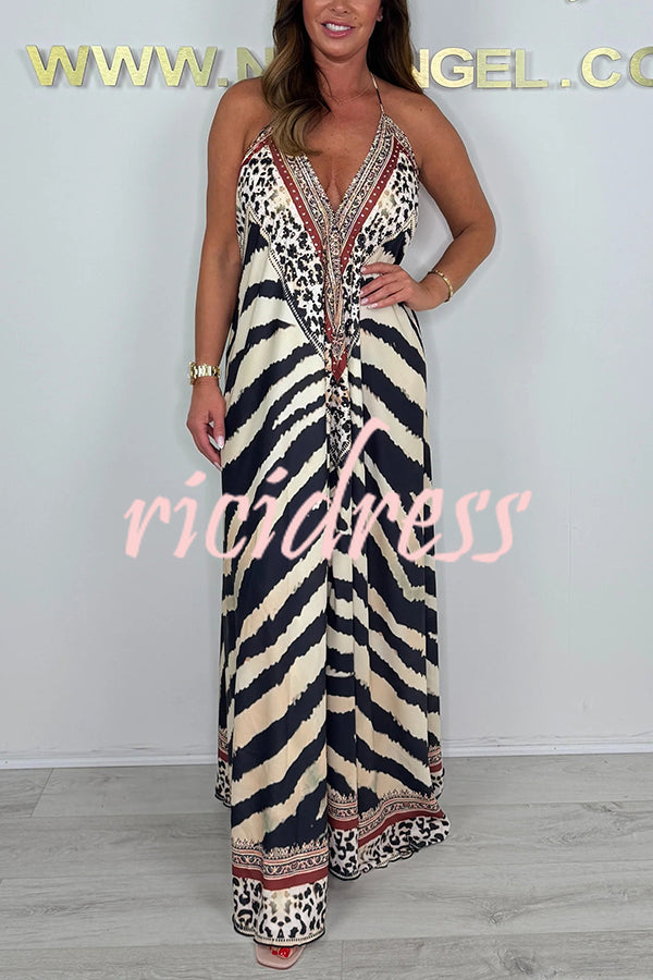 Unique Print V-neck Open Back Loose Maxi Dress