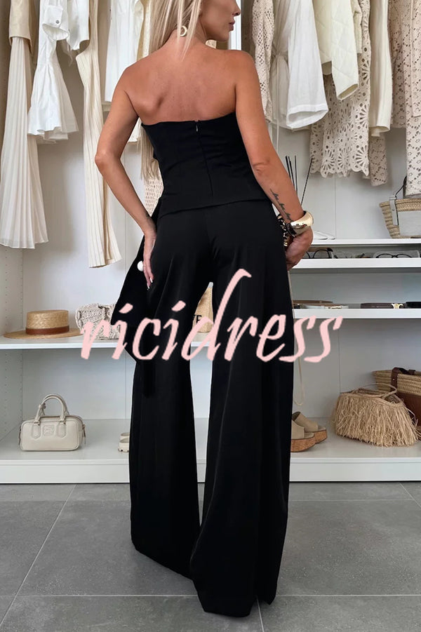 Elegant Solid Color Asymmetric Ruffles Bandeau Top and High Waist Wide Leg Pants Set