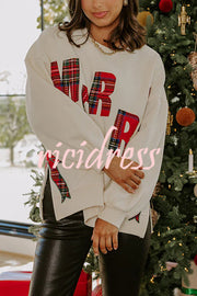 Merry Plaid Embroidered Bow Long-Sleeve Loose Sweatshirt