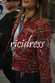 Vintage Bohemian Printed Chinese Style Buttons Long Sleeve Crop Jacket