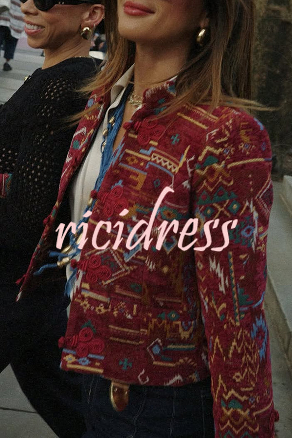 Vintage Bohemian Printed Chinese Style Buttons Long Sleeve Crop Jacket