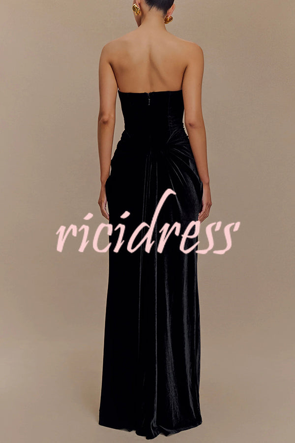 Paige Velvet Off Shoulder Side Pleated Hip Drape Maxi Dress