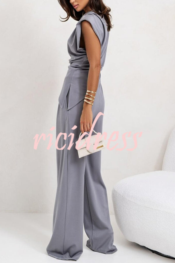 Jordy Ruched Shoulder Slit Top and Elastic Waist Pocketed Wide Leg Pants Set