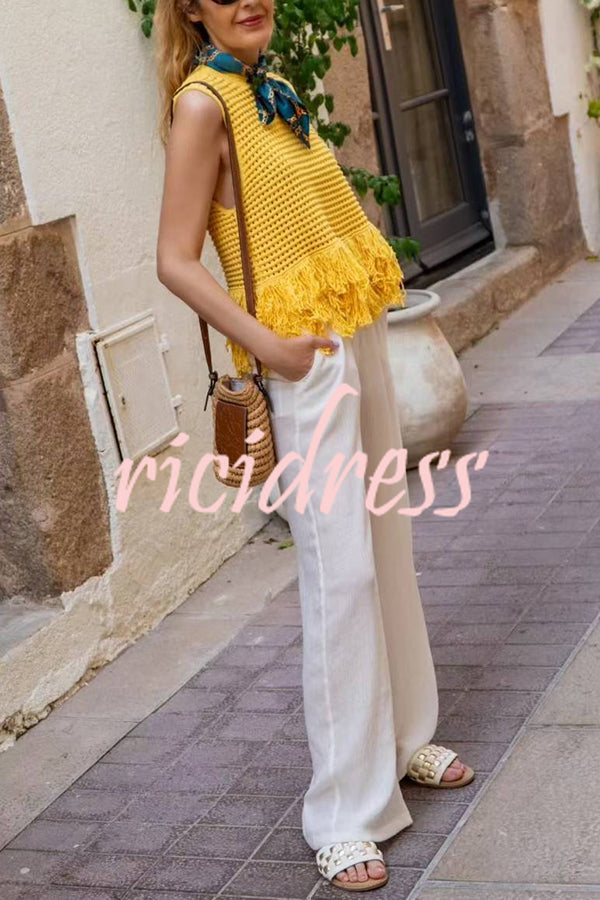 Solid Color Round Neck Sleeveless Hollow Tassel Loose Vest