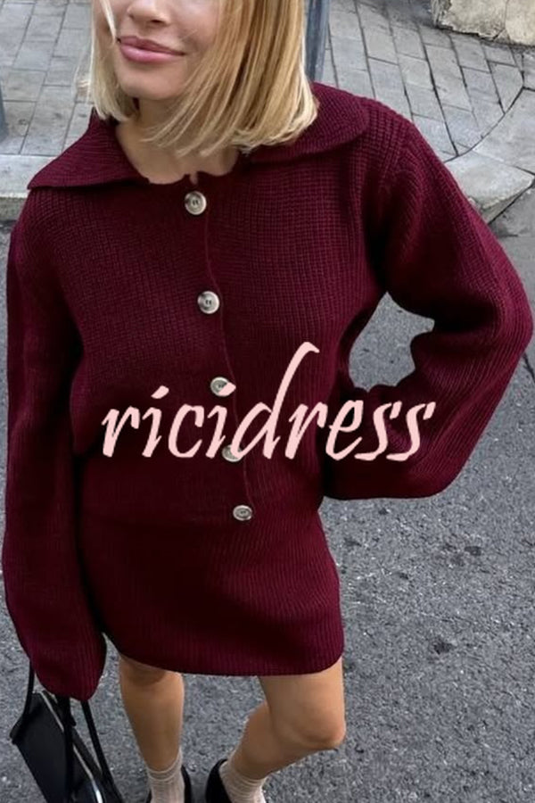 Fashion Lapel Bell Sleeve Knitted Cardigan and Casual Mini Skirt Set