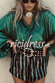Cheers To That Glitter Fabric Button Up Balloon Sleeve Loose Blouse