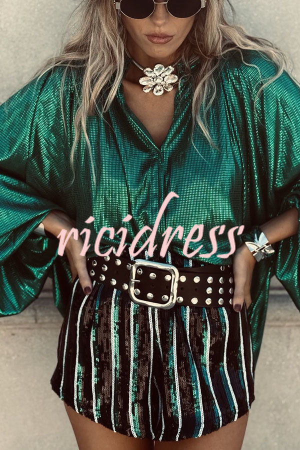 Cheers To That Glitter Fabric Button Up Balloon Sleeve Loose Blouse