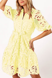 Solid Color Lace Cutout Balloon Sleeves and Waist Tie Mini Dress