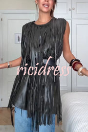 Modern Times Faux Leather Layered Tassel Design Sleeveless H-line Mini Dress