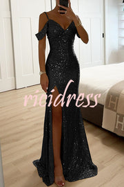 Prom Dreamland Sequin Cold Shoulder Ruched Slit Maxi Dress