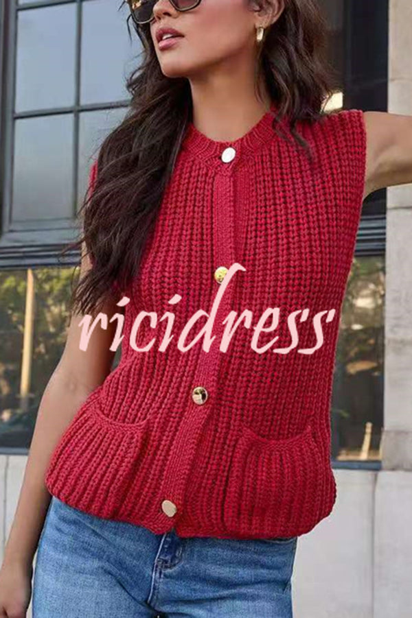 Solid Color Sleeveless Button Pocket Knit Vest