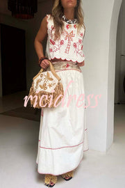Sunny Day Linen Blend Contrast Embroidered Print Smocked Waist A-line Maxi Skirt