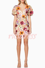 Garden Gala Embroidered Floral Applique Puff Sleeve Mini Dress