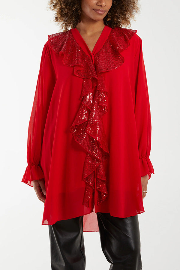 Solid Color Chiffon V-neck Long-sleeved Spliced sequin Casual Shirt