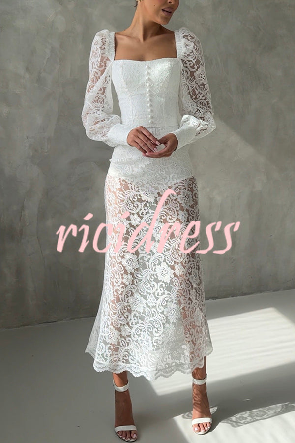 Timeless Moment Floral Lace High Rise Elastic Waist Midi Skirt