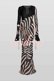 City Night Chiffon Colorblock Animal Print Tie-up Long Sleeve Maxi Dress