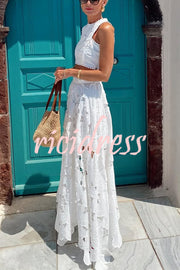 Next Trip Floral Embroidery Crochet Lace Elastic Waist Pocket Maxi Skirt