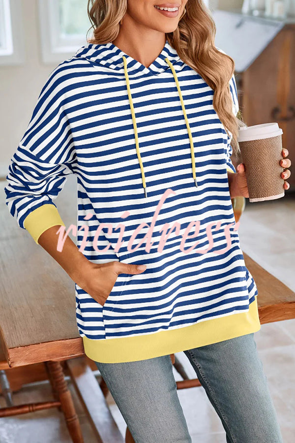 Striped Print Long Sleeve Pocket Loose Hoodie