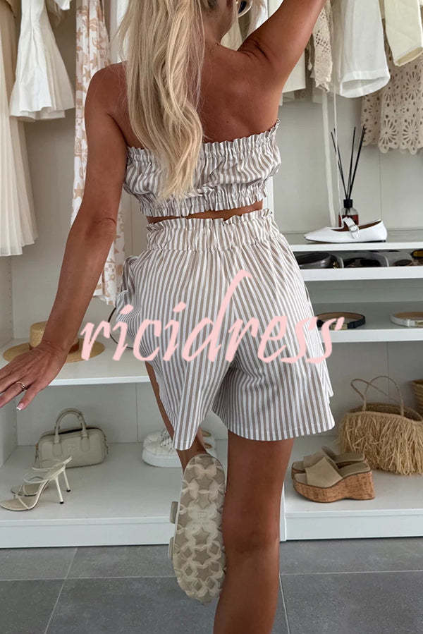 Zoie Striped Stretch Bandeau + Elastic Waist Pocket Shorts + Oversized Blouse 3 Pieces Set