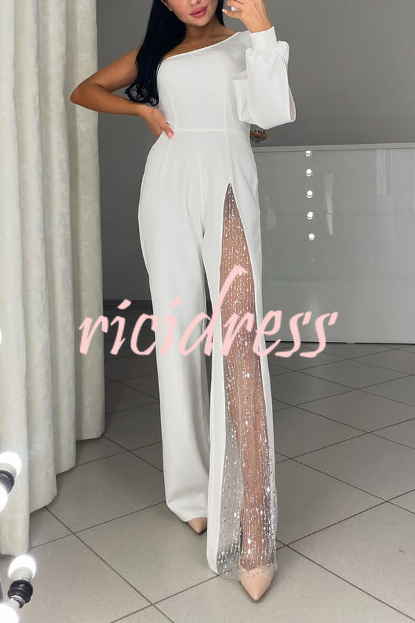 Fashionable Oblique Shoulder One-sleeve Sexy High Slit Slim Jumpsuit