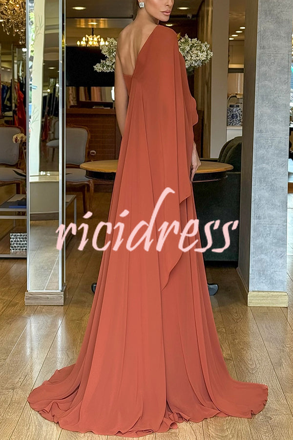 Iriena Chiffon One Shoulder Rose Decoration Waist Formal Maxi Dress