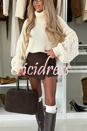 Stylish and Comfortable Ribbed Knit Turtleneck Cable Sleeve Loose Sweater