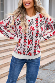 Fashionable Floral Knitted Crew Neck Casual Sweater