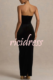 Illusion Velvet Bandeau neck Bow detail Stretch Maxi Dress