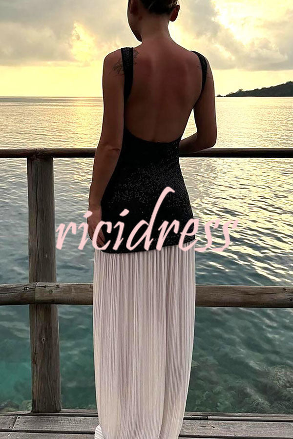 Sexy Backless Sleeveless Sequined Pleated Hem Maxi Dress