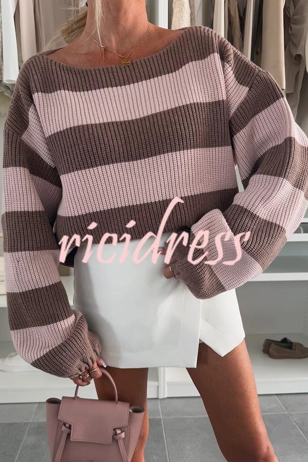 Fashion Striped Loose Long-sleeved Crew Neck Knitted Sweater