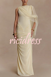 Fashionable Mesh Shawl Sleeveless Slim Fit Pleated Maxi Dress