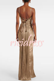 Vegas Queen Metallic Pleated Sculpted Bodice Back Lace-up Drape Maxi Dress