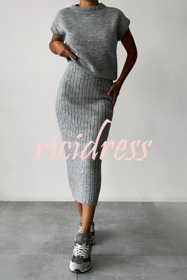 Triko Knit Short Sleeve Sweater and Stretch Ribbed Midi Skirt Set