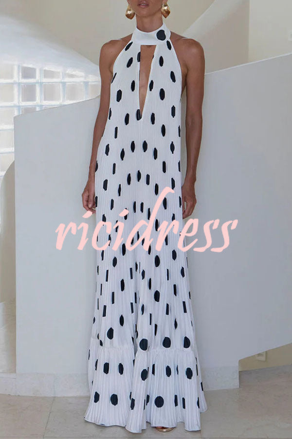 Really Special Pleated Polka Dot Print High Halter Neck A-line Maxi Dress