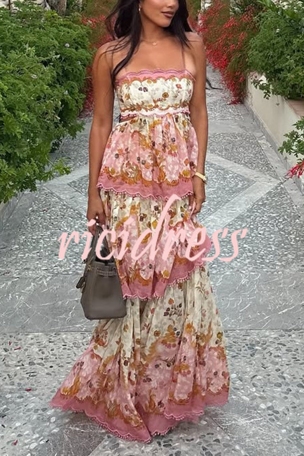Charming Smile Floral Print Scalloped Lace-trim Back Tie-up Tiered Maxi Dress
