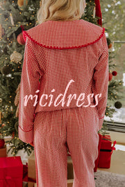 Nutcracker Charm Embroidered Gingham Loose Shirt and Elastic Waist Pajama Set