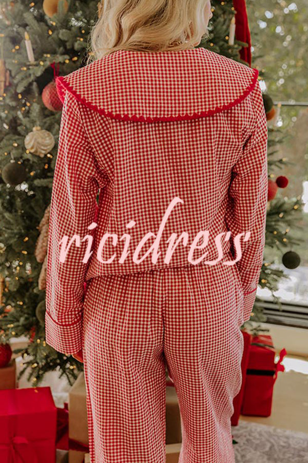 Nutcracker Charm Embroidered Gingham Loose Shirt and Elastic Waist Pajama Set